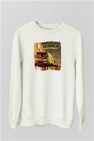 Fu Manchu Baskılı Unisex Beyaz Sweatshirt