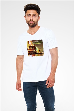 Fu Manchu Baskılı Unisex Beyaz V Yaka Tişört