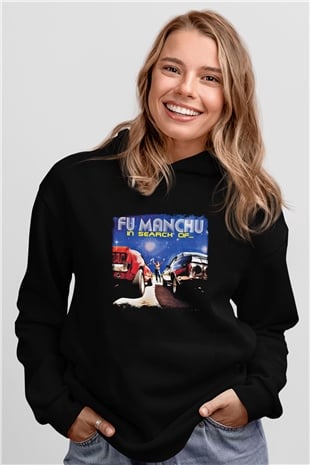 Fu Manchu Baskılı Unisex Siyah Hoodie