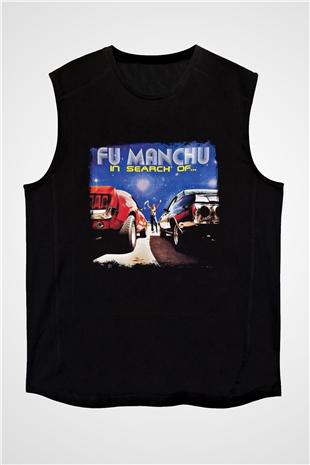 Fu Manchu Baskılı Unisex Siyah Kolsuz Tişört