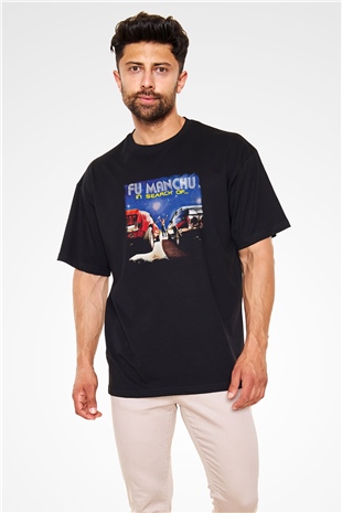 Fu Manchu Baskılı Unisex Siyah Oversize Tişört