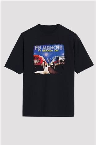 Fu Manchu Baskılı Unisex Siyah Oversize Tişört
