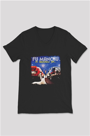Fu Manchu Baskılı Unisex Siyah V Yaka Tişört