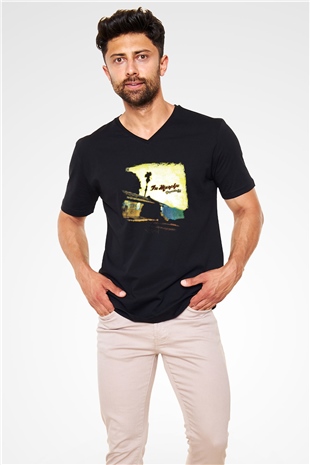 Fu Manchu Baskılı Unisex Siyah V Yaka Tişört