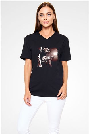 Fu Manchu Baskılı Unisex Siyah V Yaka Tişört