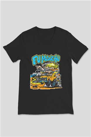 Fu Manchu Siyah Unisex V Yaka Tişört T-Shirt