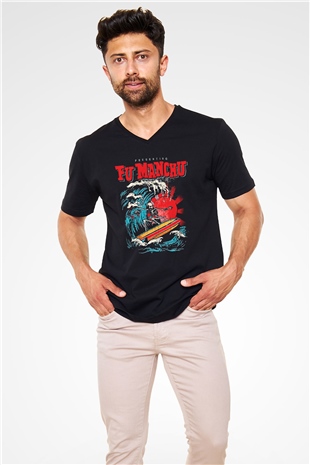 Fu Manchu Siyah Unisex V Yaka Tişört T-Shirt