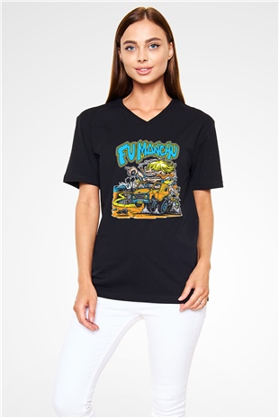 Fu Manchu Siyah Unisex V Yaka Tişört T-Shirt