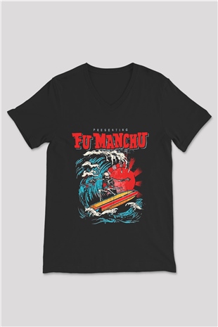 Fu Manchu Siyah Unisex V Yaka Tişört T-Shirt