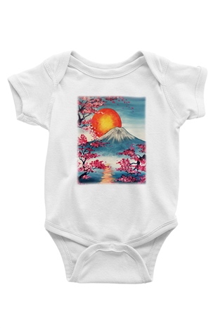 Fuji Dağı Baskılı Beyaz Unisex Bebek Body - Zıbın