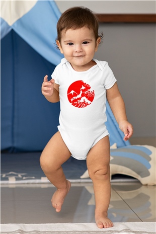Fuji Dağı Baskılı Beyaz Unisex Bebek Body - Zıbın