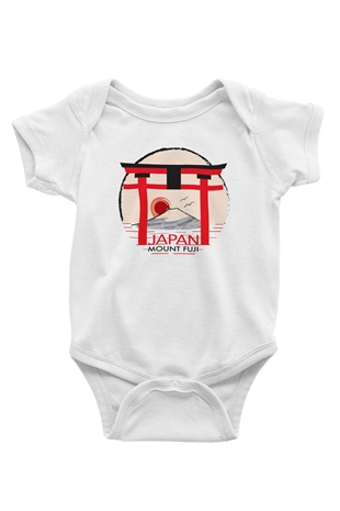 Fuji Dağı Baskılı Beyaz Unisex Bebek Body - Zıbın