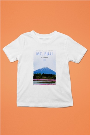Fuji Dağı Baskılı Beyaz Unisex Çocuk Tişört