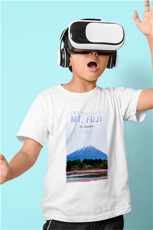 Fuji Dağı Baskılı Beyaz Unisex Çocuk Tişört