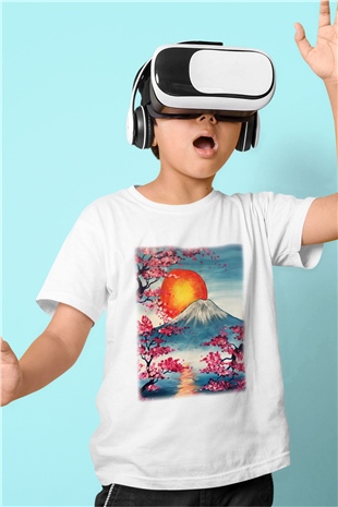 Fuji Dağı Baskılı Beyaz Unisex Çocuk Tişört