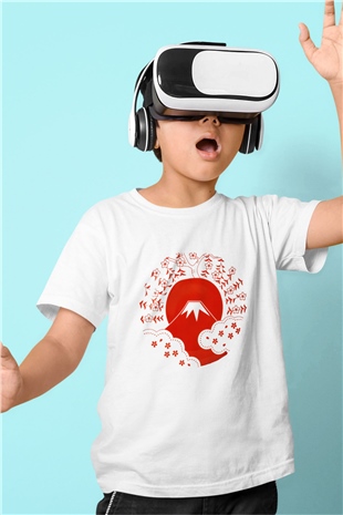 Fuji Dağı Baskılı Beyaz Unisex Çocuk Tişört