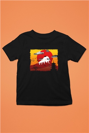 Fuji Dağı Baskılı Siyah Unisex Çocuk Tişört