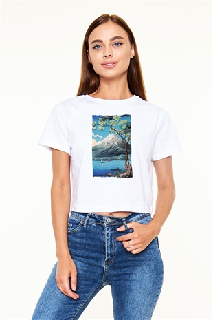 Fuji Dağı Beyaz  Crop Top Tişört
