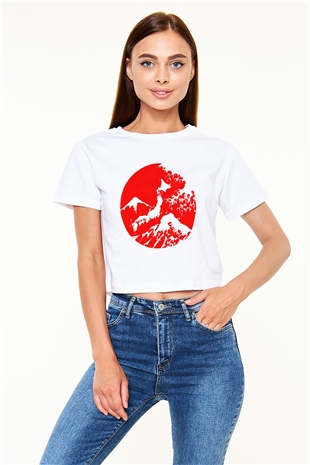 Fuji Dağı Beyaz Croptop Tişört