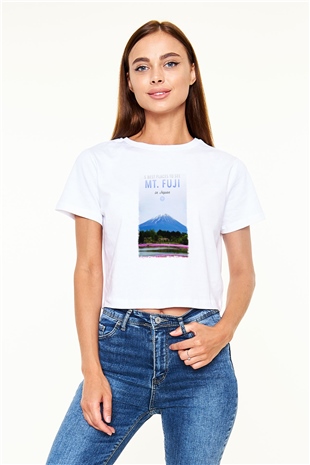 Fuji Dağı Beyaz Croptop Tişört