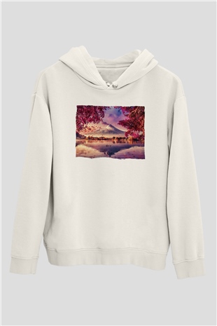 Fuji Dağı Beyaz Unisex Hoodie