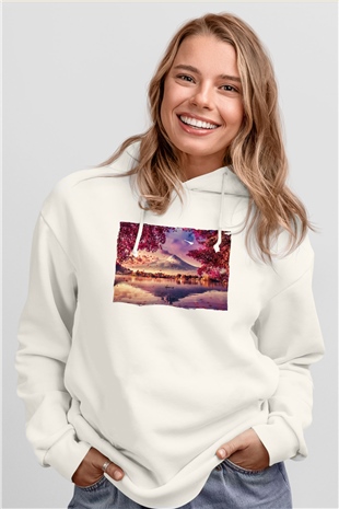 Fuji Dağı Beyaz Unisex Hoodie