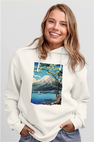 Fuji Dağı Beyaz Unisex Hoodie