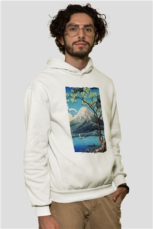 Fuji Dağı Beyaz Unisex Hoodie