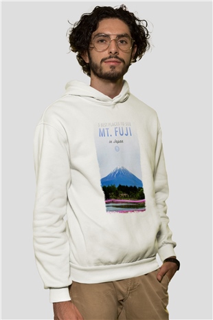 Fuji Dağı Beyaz Unisex Kapşonlu Sweatshirt