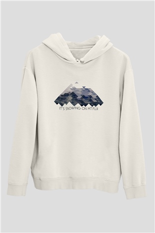Fuji Dağı Beyaz Unisex Kapşonlu Sweatshirt