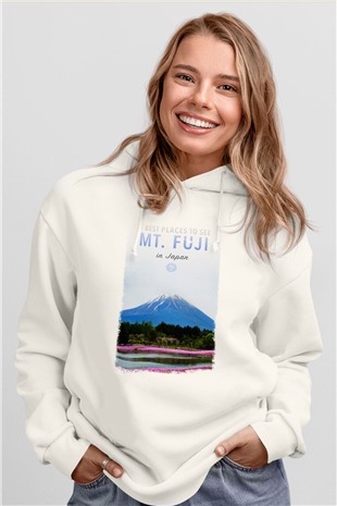 Fuji Dağı Beyaz Unisex Kapşonlu Sweatshirt