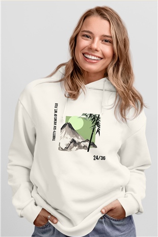 Fuji Dağı Beyaz Unisex Kapşonlu Sweatshirt