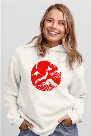 Fuji Dağı Beyaz Unisex Kapşonlu Sweatshirt