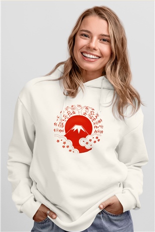 Fuji Dağı Beyaz Unisex Kapşonlu Sweatshirt
