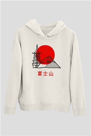 Fuji Dağı Beyaz Unisex Kapşonlu Sweatshirt