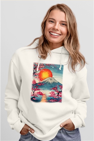 Fuji Dağı Beyaz Unisex Kapşonlu Sweatshirt