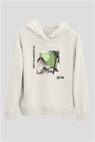 Fuji Dağı Beyaz Unisex Kapşonlu Sweatshirt