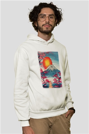 Fuji Dağı Beyaz Unisex Kapşonlu Sweatshirt