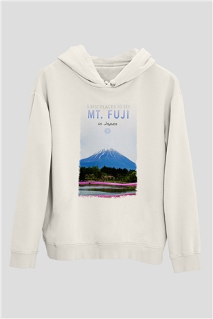 Fuji Dağı Beyaz Unisex Kapşonlu Sweatshirt