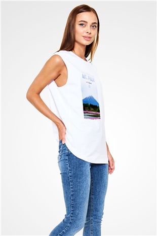 Fuji Dağı Beyaz Unisex Kolsuz Tişört