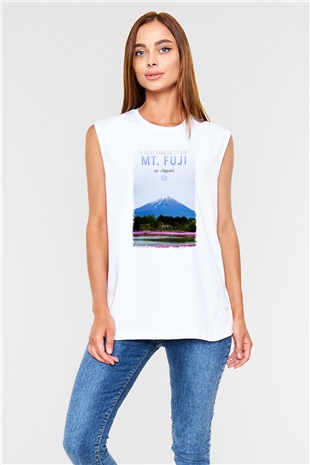 Fuji Dağı Beyaz Unisex Kolsuz Tişört