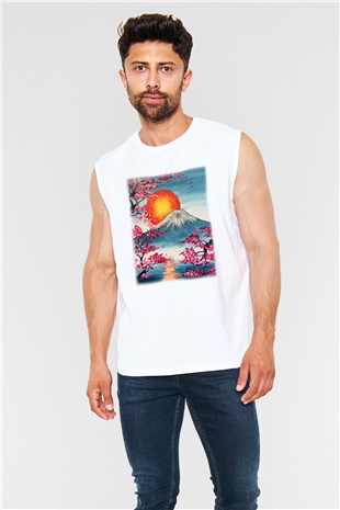 Fuji Dağı Beyaz Unisex Kolsuz Tişört