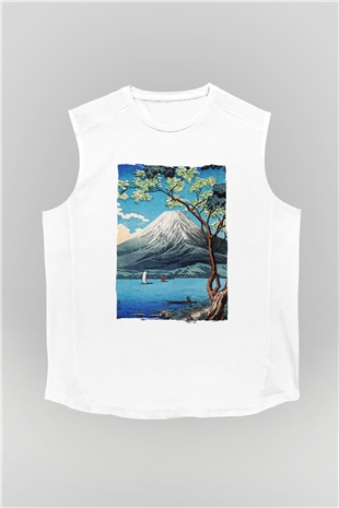 Fuji Dağı Beyaz Unisex Kolsuz Tişört