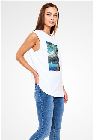 Fuji Dağı Beyaz Unisex Kolsuz Tişört