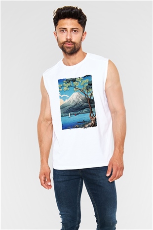 Fuji Dağı Beyaz Unisex Kolsuz Tişört
