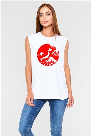Fuji Dağı Beyaz Unisex Kolsuz Tişört