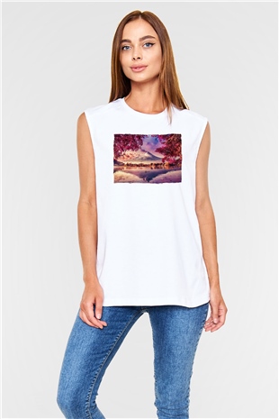 Fuji Dağı Beyaz Unisex Kolsuz Tişört