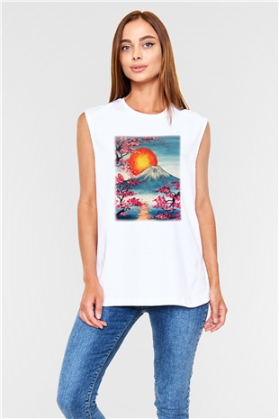 Fuji Dağı Beyaz Unisex Kolsuz Tişört
