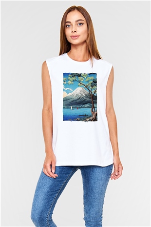 Fuji Dağı Beyaz Unisex Kolsuz Tişört