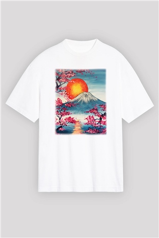 Fuji Dağı Beyaz Unisex Oversize Tişört T-Shirt